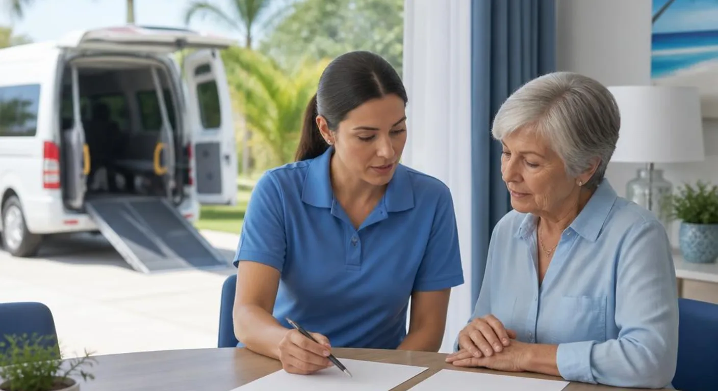 Ambulatory passenger preparing for a scheduled private-pay medical ride