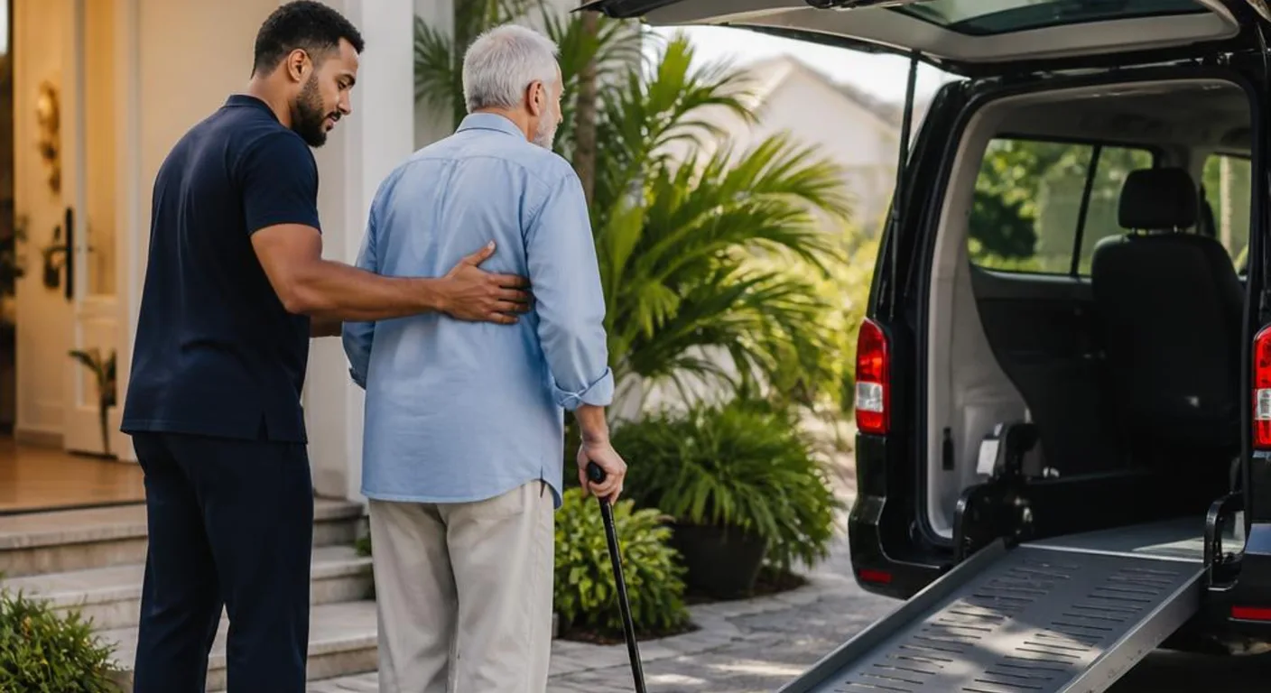 Wheelchair-accessible medical transportation prepared for a home pickup