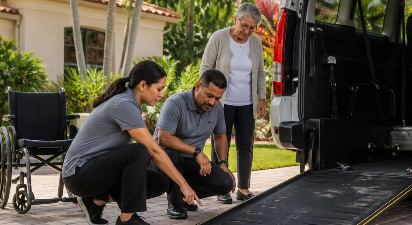 Wheelchair passenger preparing for a scheduled medical transportation ride
